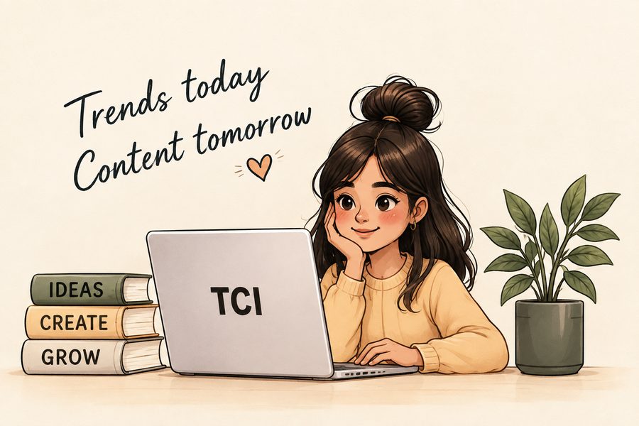 Illustration of a creator working on a laptop with books labelled Ideas, Create and Grow