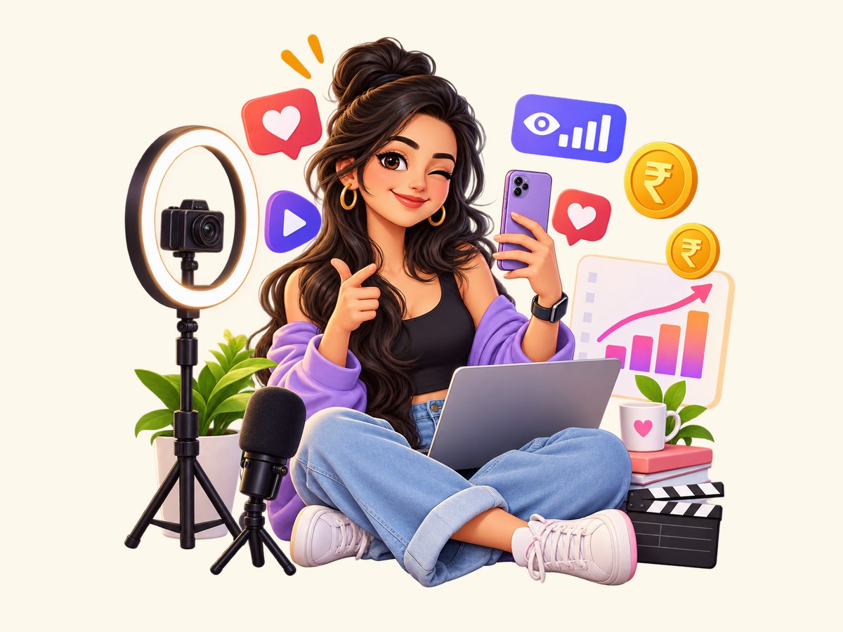 Illustration of an Indian creator filming with a phone, ring light and laptop, surrounded by likes, views and rupee icons